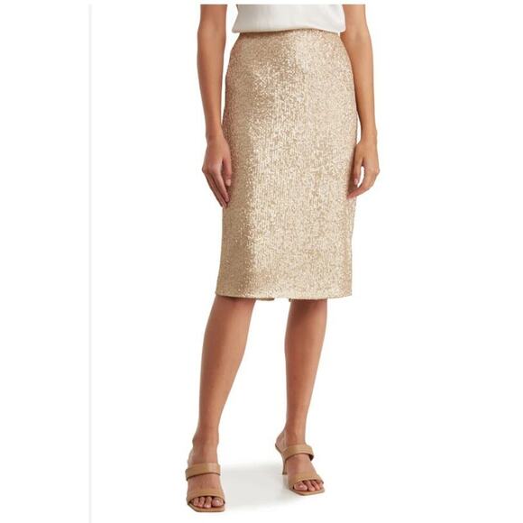 DR2 Women's Champagne Sequin Midi Skirt Medium Glam High Waist Stretch Pencil - Picture 1 of 11